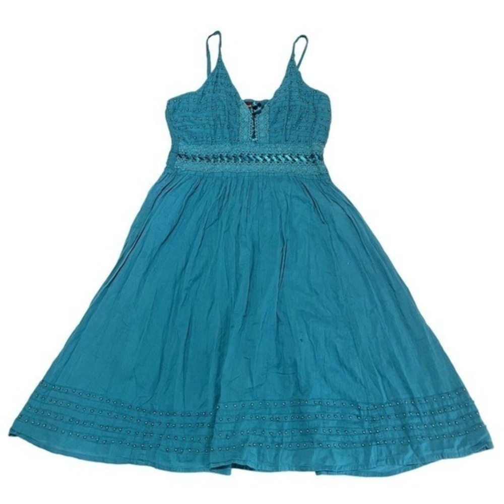 Karizma Teal Blue Cotton Beaded Boho Midi Dress Crochet Lace Smocked Back y2k t1